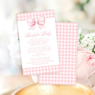 Cute pink bow gingham book for baby girl shower enclosure card