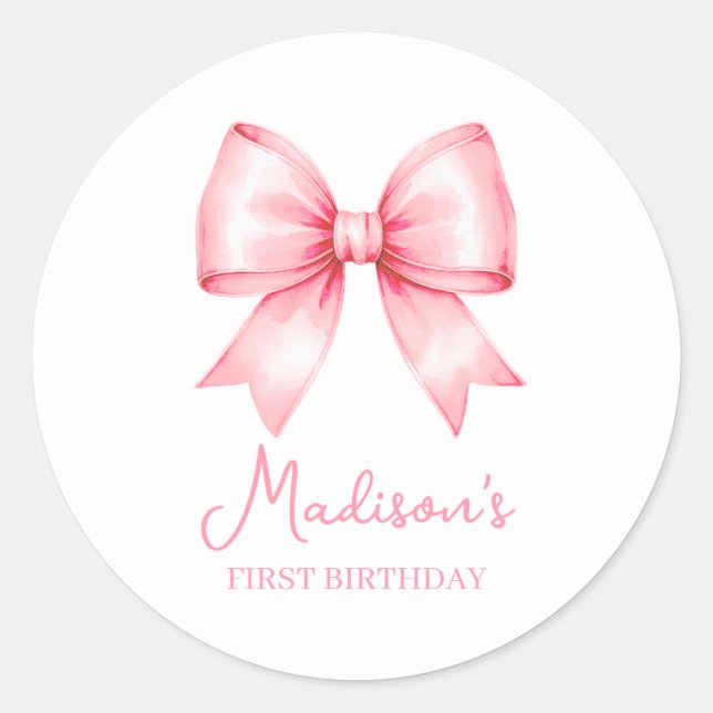 Cute Pink Bow Girl First Birthday Classic Round Sticker (Front)
