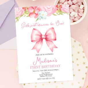 Cute Pink Bow Girl First Birthday Invitation