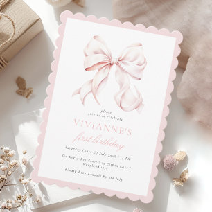 Cute Pink Bow Girl First Birthday Invitation