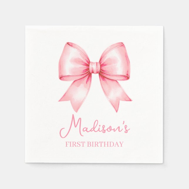 Cute Pink Bow Girl First Birthday Napkin (Front)
