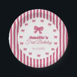 Cute Pink Bow Girl First Birthday  Paper Plate<br><div class="desc">Celebrate your baby girl’s special milestone with these adorable Pink Bow First Birthday Paper Plates, designed with soft pink stripes, delicate bow illustrations, and a sweet feminine aesthetic perfect for a stylish celebration. These charming girl 1st birthday party plates are ideal for parents planning a baby girl first birthday party,...</div>