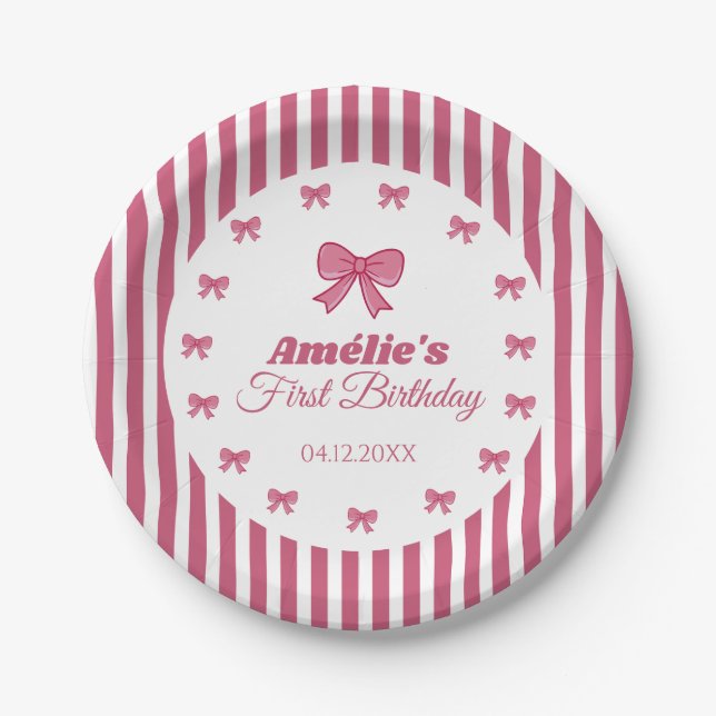 Cute Pink Bow Girl First Birthday  Paper Plate (Front)