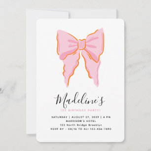 Cute Pink Bow Girl First Birthday Rounded Invitation