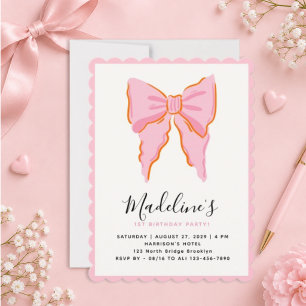 Cute Pink Bow Girl First Birthday Scalloped Invitation