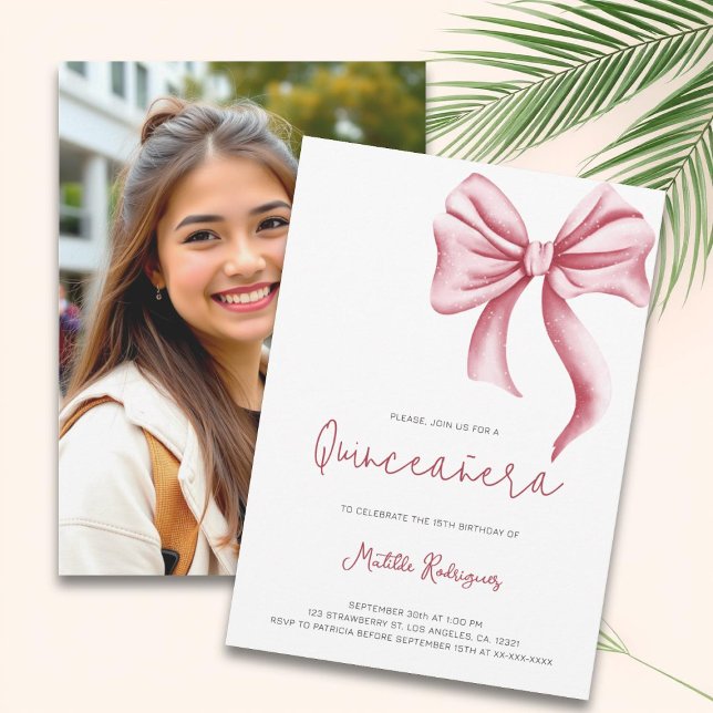 Cute Pink Bow Girly Quinceanera Photo Birthday Invitation (Creator Uploaded)