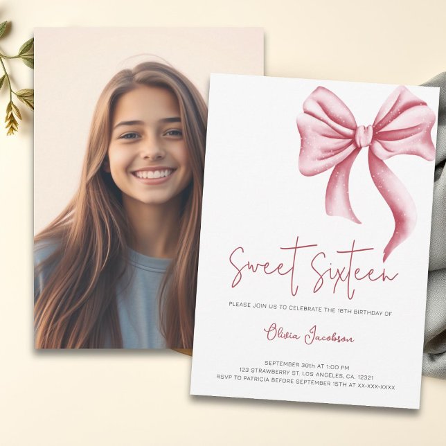 Cute Pink Bow Girly Sweet Sixteen Photo Birthday Invitation (Creator Uploaded)