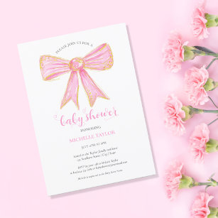 Cute Pink Bow Gold Glitter Baby Girl  Invitation