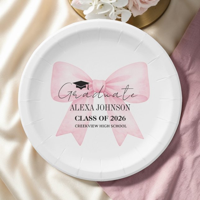 Cute Pink Bow Graduation Cap Graduate Paper Plate (Creator Uploaded)