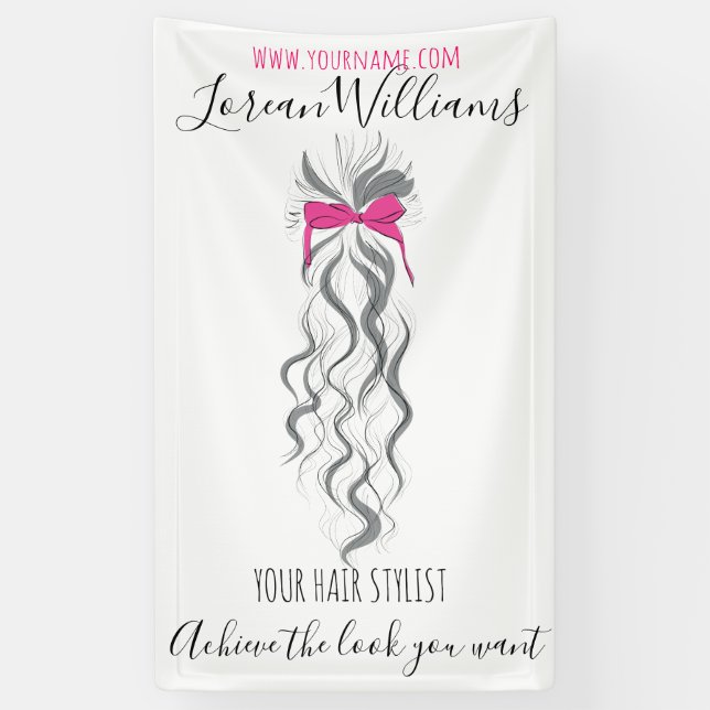 Cute Pink Bow Grey and White Braider Hair Styling  Banner (Vertical)