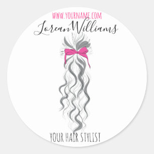 Cute Pink Bow Grey and White Braider Hair Styling  Classic Round Sticker
