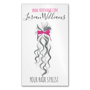 Cute Pink Bow Grey and White Braider Hair Styling  Magnetic Business Card