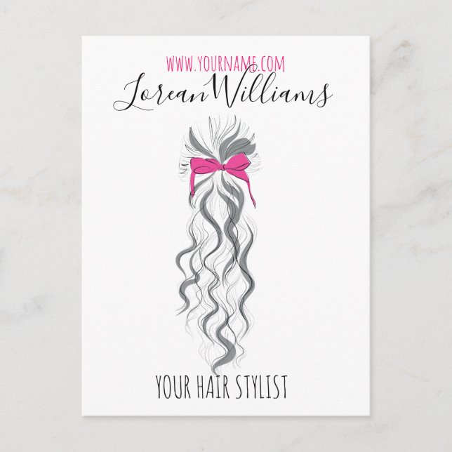 Cute Pink Bow Grey and White Braider Hair Styling  Postcard (Front)