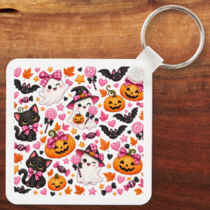 Cute Pink Bow Halloween Ghost Sticker Kawaii Wit Key Ring