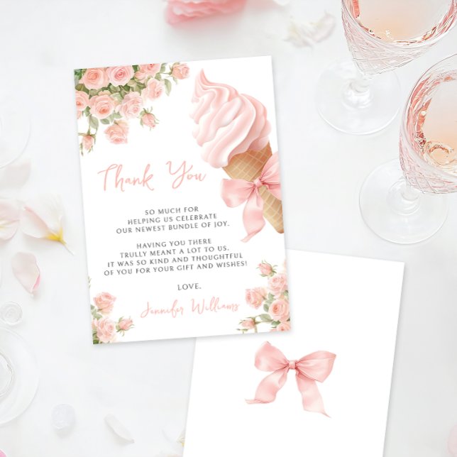 Cute Pink Bow Ice Cream Summer Baby Girl Shower Thank You Card (Creator Uploaded)