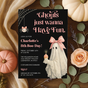 Cute Pink Bow Lace Ghost Halloween Birthday Invitation