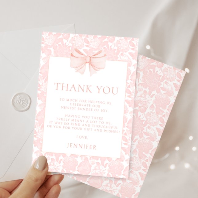 Cute pink bow ribbon floral preppy baby shower thank you card (Creator Uploaded)