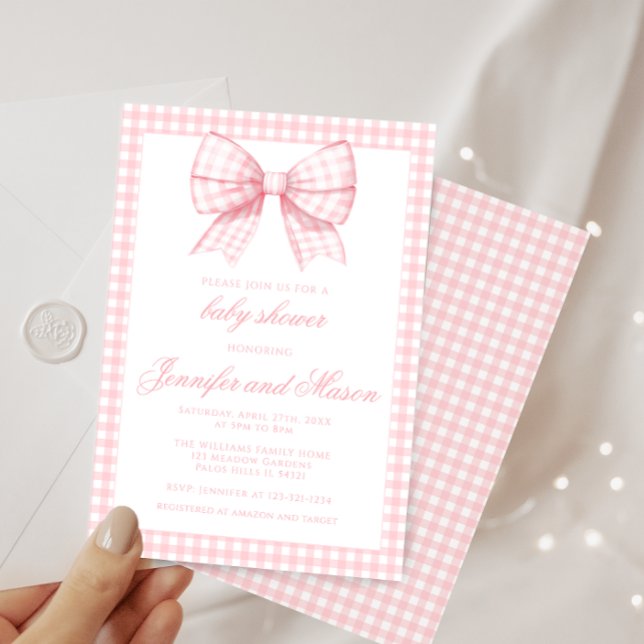 Cute pink bow ribbon gingham baby girl shower invitation (Creator Uploaded)