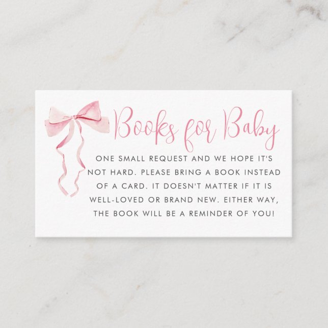 Cute Pink Bow Ribbon Girl Baby Shower Book Request Enclosure Card (Front)