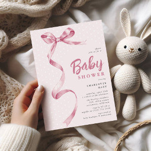 Cute Pink Bow Ribbon Girl Baby Shower Invitation