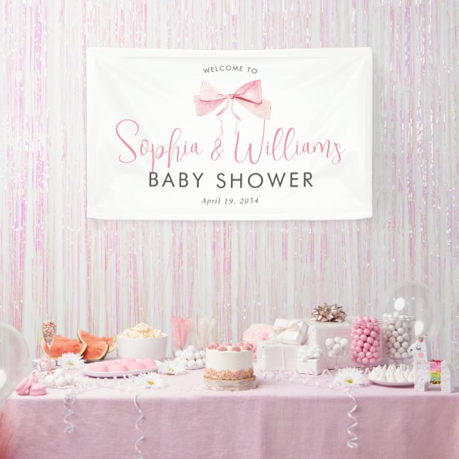 Cute Pink Bow Ribbon Girl Baby Shower Welcome Banner (Party)