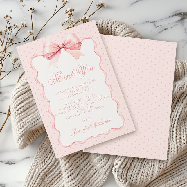 Cute pink bow ribbon polkadot baby girl shower thank you card (Creator Uploaded)