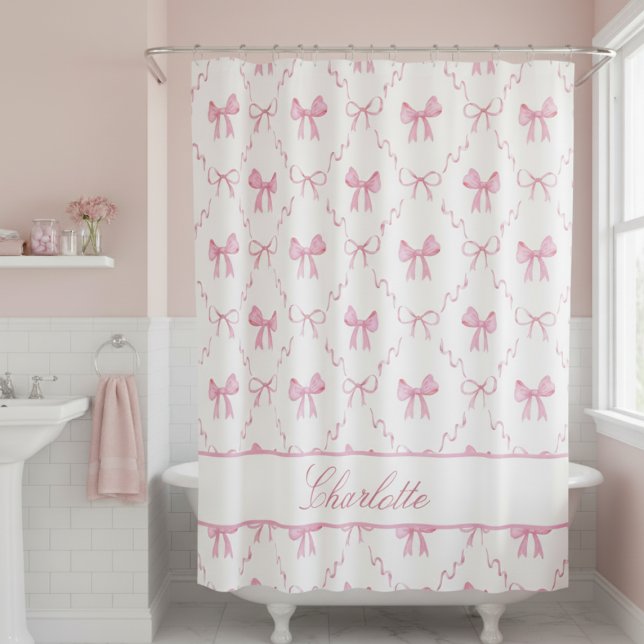 Cute Pink Bow Shower Curtain (sweet girly pink coquette bow shower curtain with custom name in calligraphy script for bathroom)