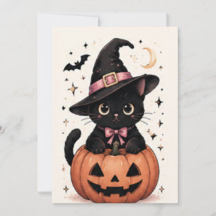 Cute Pink Bow Spiderweb Black Cat Invitation