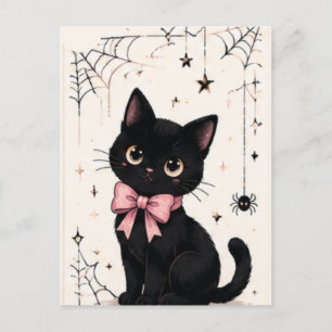 Cute Pink Bow Spiderweb Black Cat Postcard