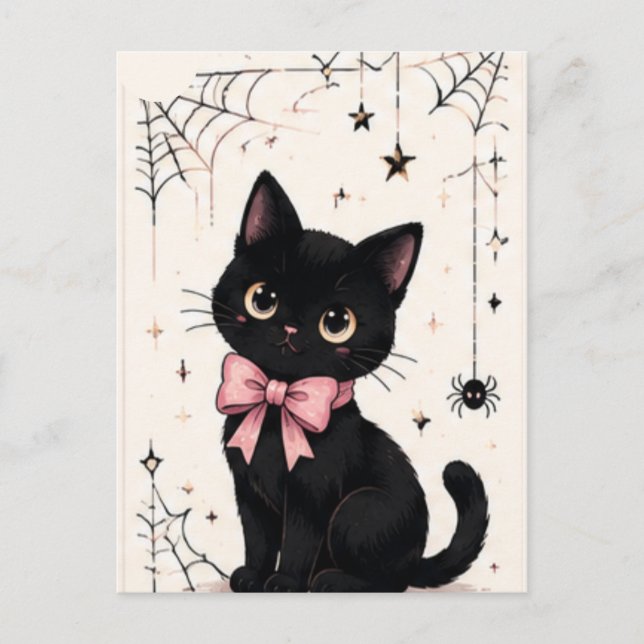 Cute Pink Bow Spiderweb Black Cat Postcard (Front)