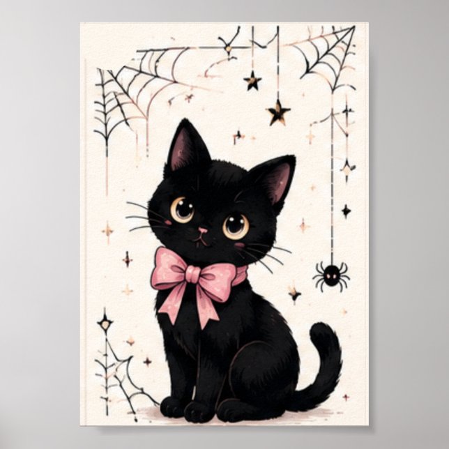 Cute Pink Bow Spiderweb Black Cat Poster (Front)