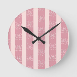 Cute Pink Bow Stripe Pattern – Girly Aesthetic Round Clock