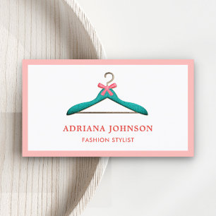 Cute Pink Bow Teal Clothes Hanger Fashion Stylist Business Card