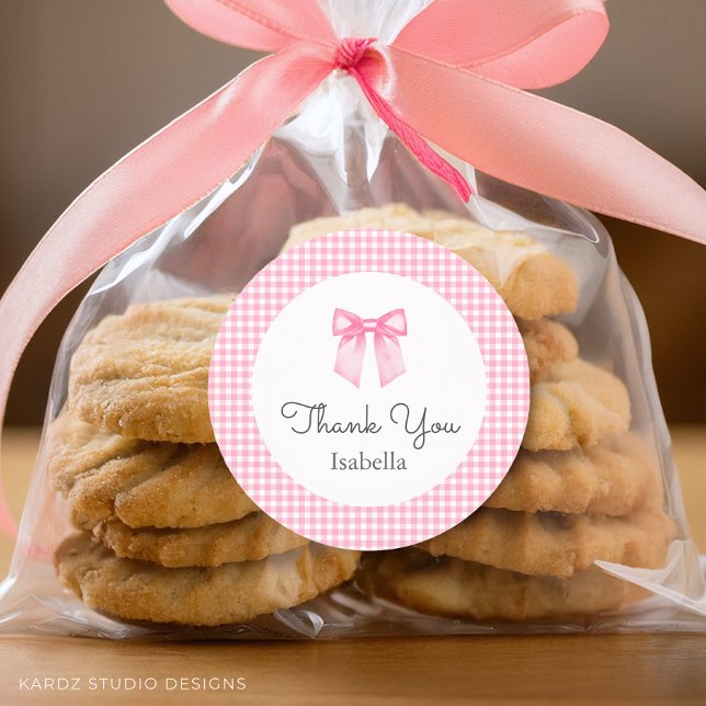 Cute Pink Bow Thank You Baby Shower Classic Round Sticker (Stickers are available in 3 and 1.5 inches, choose your size before checkout.)