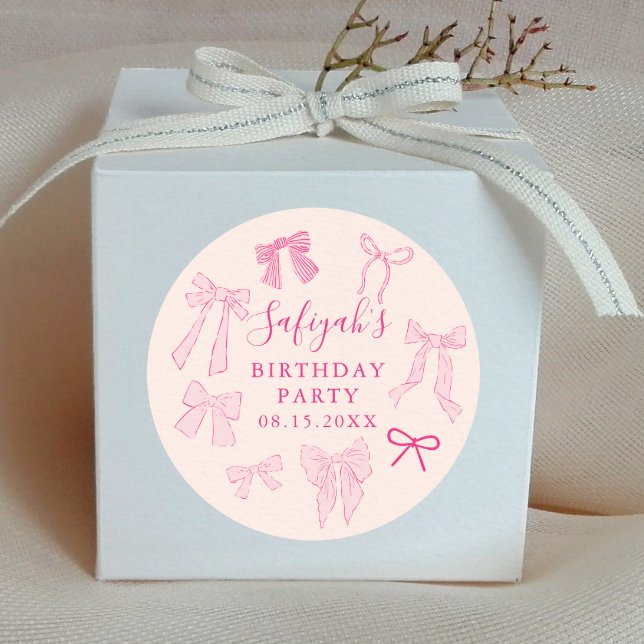 Cute Pink Bows Birthday Party Favour Classic Round Sticker (Creator Uploaded)