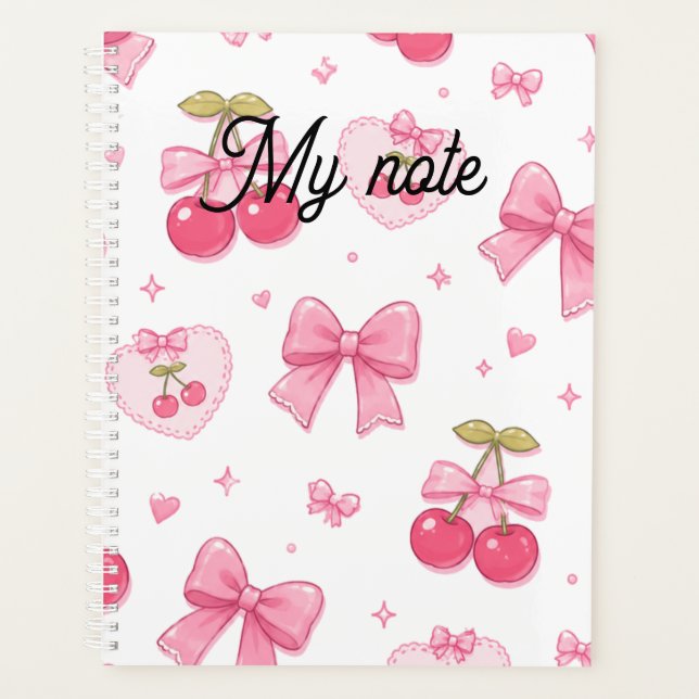 Cute Pink Bows & Cherries Notebook | Kawaii Coquet Planner (Front)