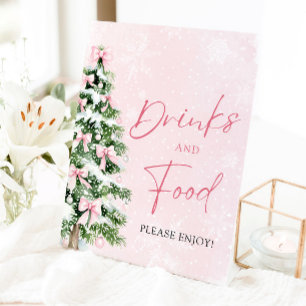 Cute Pink Bows Christmas Tree Food and Drinks Pedestal Sign