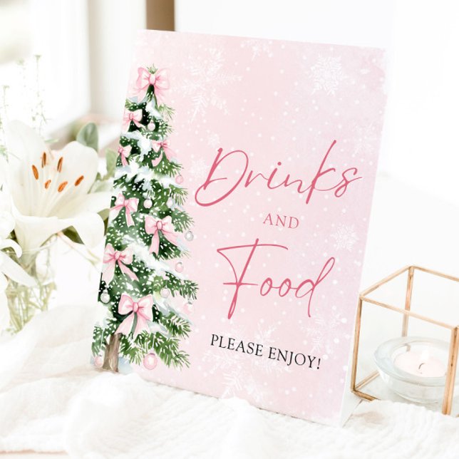 Cute Pink Bows Christmas Tree Food and Drinks Pedestal Sign (Cute Pink Bows Christmas Tree Food and Drinks Sign)