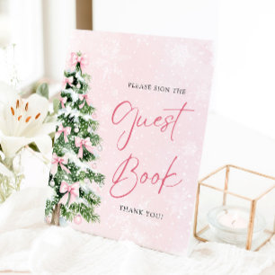 Cute Pink Bows Christmas Tree Guest Book Sign