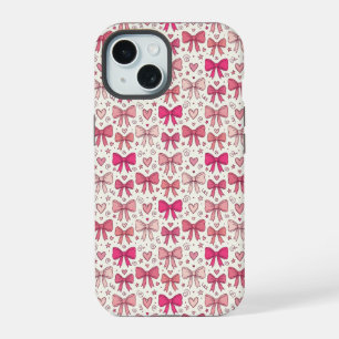 Cute Pink Bows Hearts Hand-Sketched Pattern iPhone 15 Case
