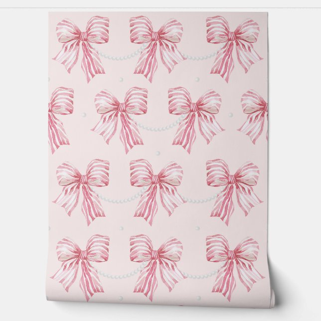 Cute Pink Bows & Pearls Sweet Coquette Home Decor Wallpaper (Unrolling)