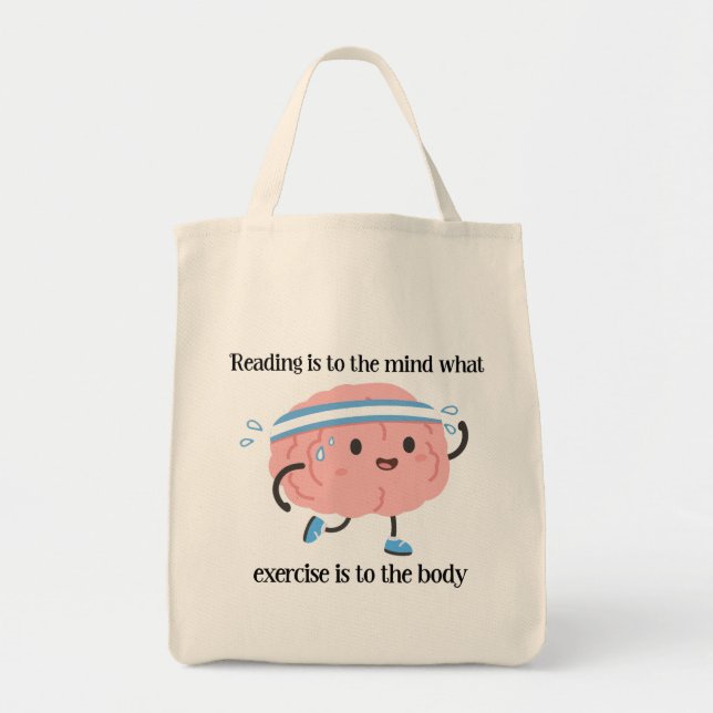 Cute Pink Brain Reading Exercise Blue Book Lover Tote Bag (Front)