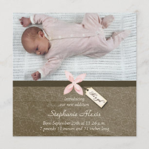 Cute pink brown baby girl photo birth announcement