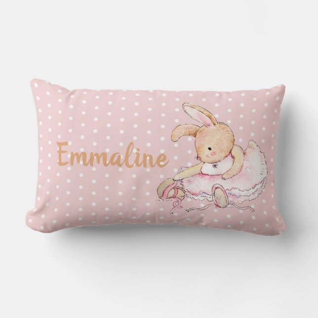 Cute Pink Brown Ballerina Bunny Polka Dots Name Lumbar Cushion (Front)