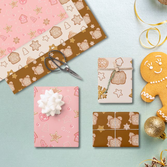 Cute Pink Brown Christmas Cookie Pattern  Wrapping Paper Sheet (Creator Uploaded)