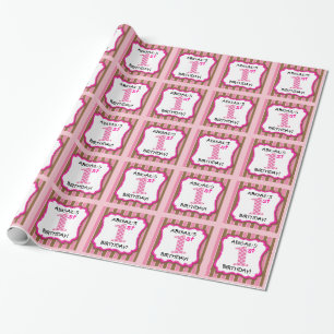 Cute Pink & Brown Girl's 1st Birthday Personalised Wrapping Paper