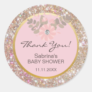 Cute Pink, Brown, Glitter Gold Baby Shower - Girls Classic Round Sticker