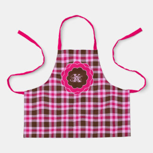 Cute Pink & Brown Plaid Monogram Scalloped Frame Apron