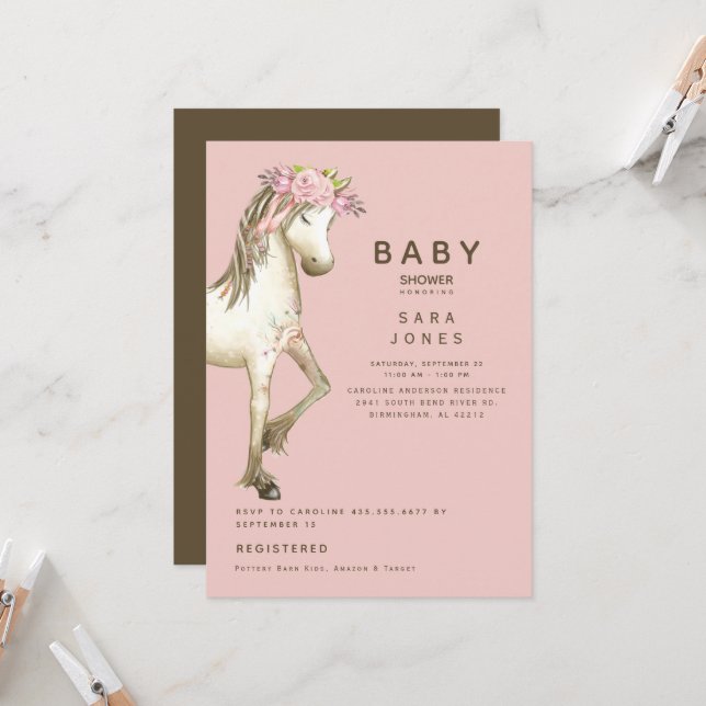 Cute Pink & Brown Watercolor Pony Baby Shower   Invitation (Front/Back In Situ)