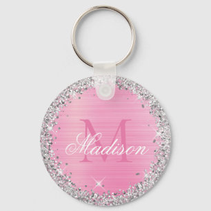 Cute Pink Brushed Metal Silver Glitter Monogram  Key Ring